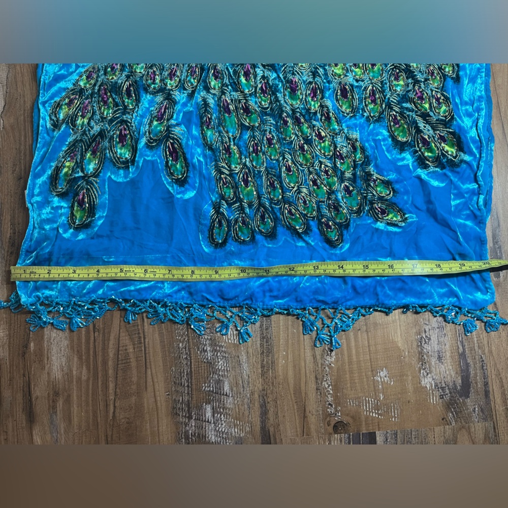 VTG Panne Silk Scarf Beaded Crushed Velvet Shawl Peacock Turquoise Floral Wrap - Picture 9 of 11
